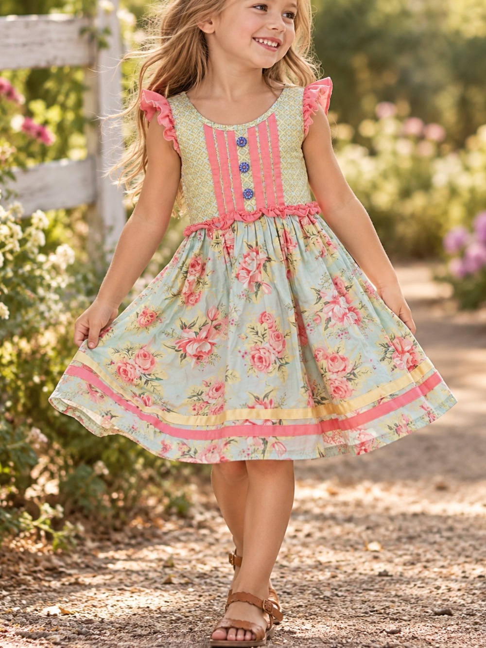 Matilda Hand 4T Girls Pink Floral Sundress with Ruffle Straps